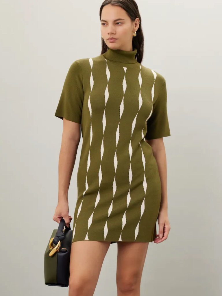 Saunders X Rtr Jacquard Mini Dress In Olive Green Argyle Knit Short Sleeve Xl
